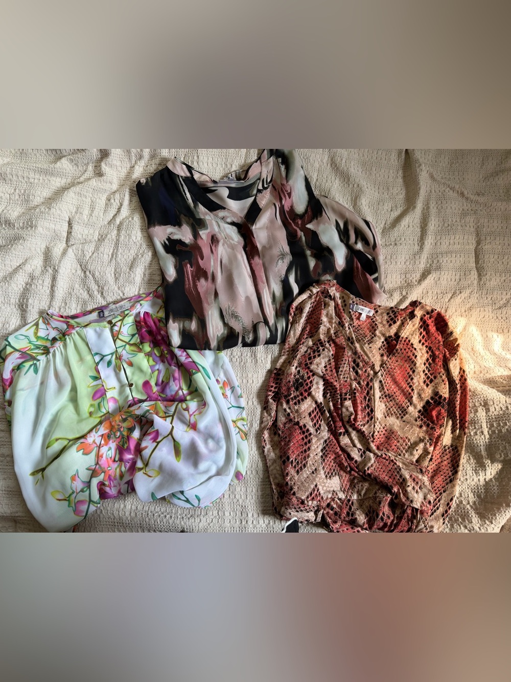 Jennifer Lopez Mixed Print Blouse Trio — Black, Pink & Cream Accents
